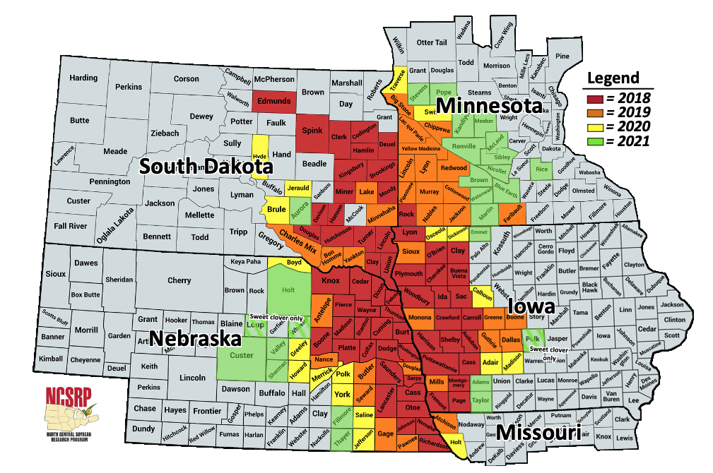 Map of Midwestern counties showing injury from the Soybean Gall Midge