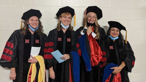 Pictured above left to right: Lindsay Overmyer, earned a Doctor of Plant Health (DPH), and Natalia Bjorklund, Annie Krueger, and Surabhi Gupta, all earned a Ph.D. in Entomology.