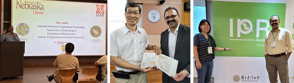 Left: Dr. Joe Louis gave an invited presentation at the International Plant Resistance to Insects (IPRI) symposium, held at the World Vegetable Center in Tainan,Taiwan, April 22-25, 2024. Center: Dr. Joe Louis was recognized for his presentation at the National Chung Hsing University at Taichung, Taiwan. Right: Dr. Joe Louis greets Dr. De-Fen Mou (Lab Alumnae) at the IPRI meeting. 