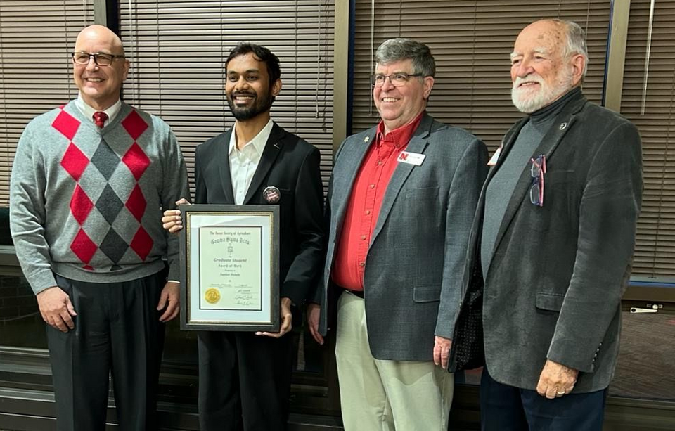 Sanket Shinde received the 2024 Gamma Sigma Delta Graduate Student Award. Congratulations Sanket!  He is pictured here with IANR Vice-Chancellor, Dr. Mike Boehm, Chapter President-Elect and Entomology Department Head, Dr. John Ruberson, and Chapter President, Dr. Paul Read (L-R).
